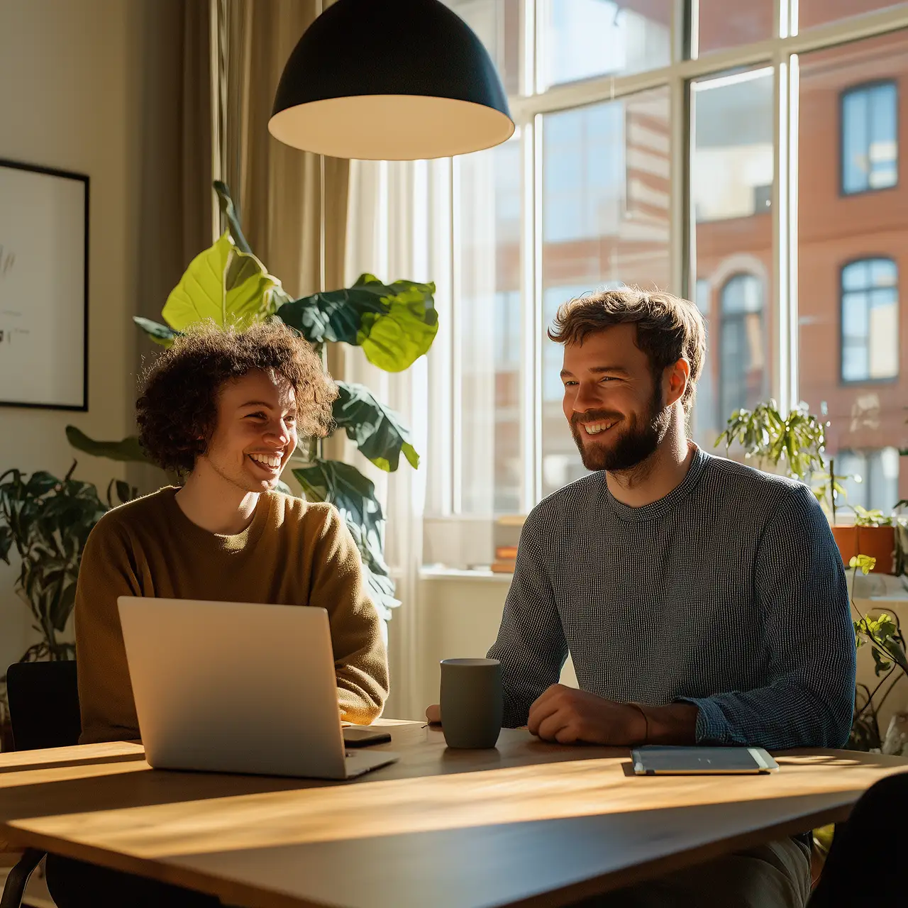 Two people at a wooden desk