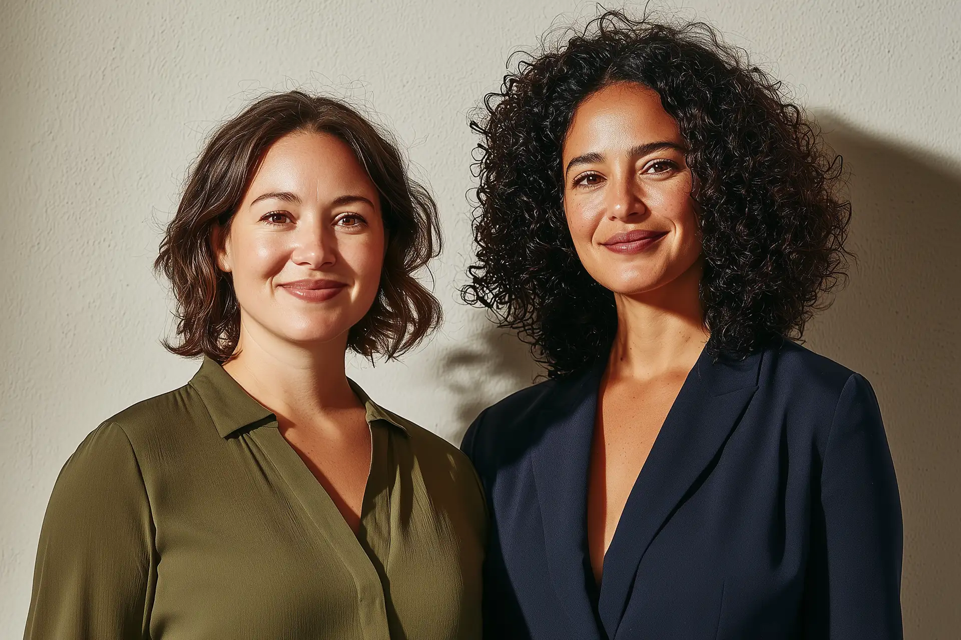 Two women standing side by side against a beige wall